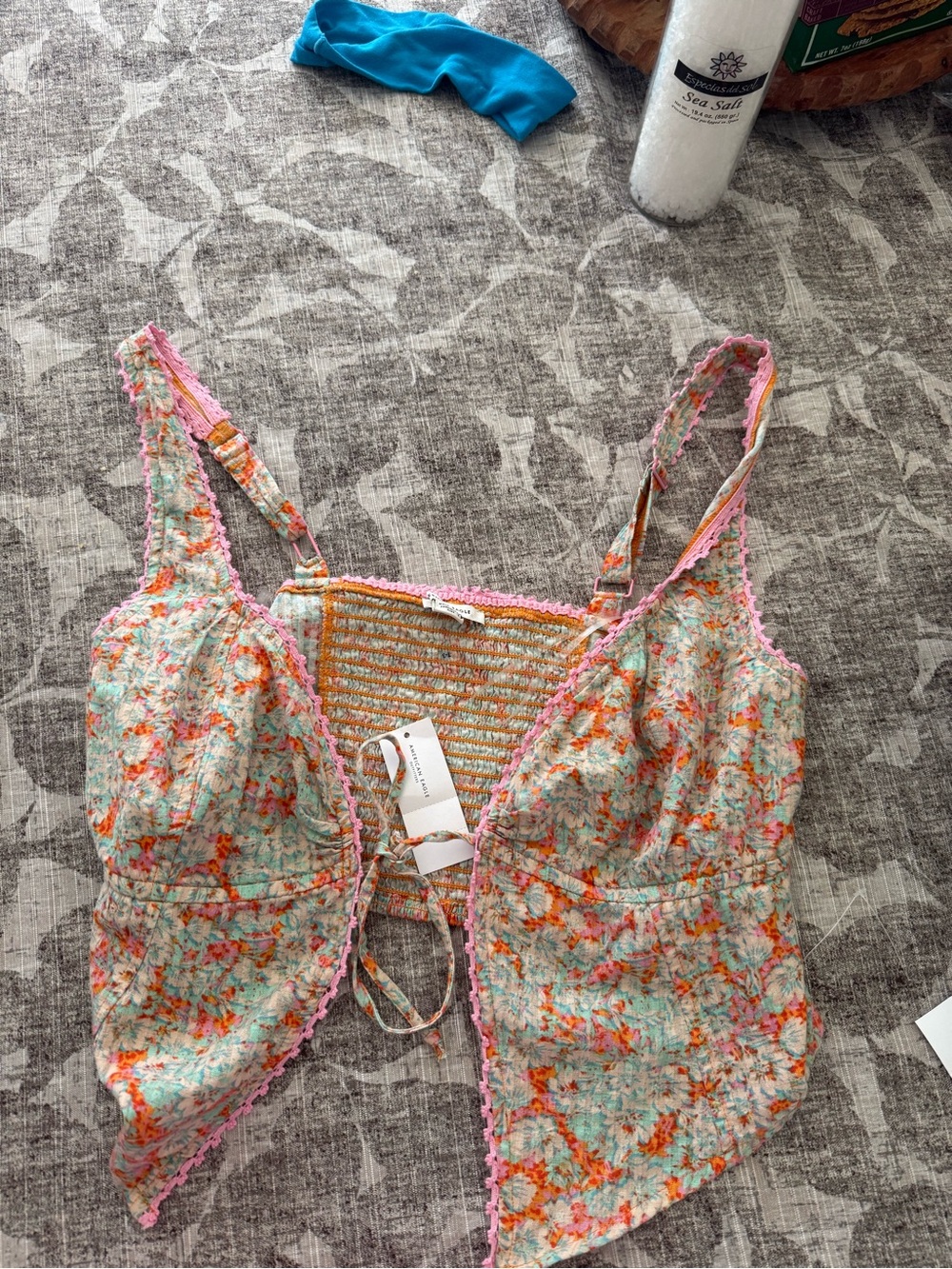 American Eagle Outfitters Floral Crochet-Trim Tank - Aqua, Orange, Pink